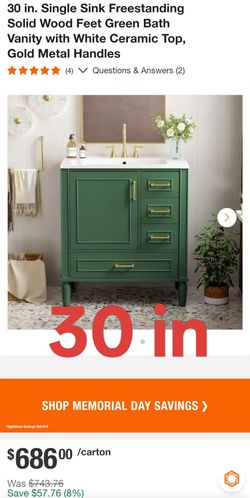 30 in. Single Sink Freestanding Solid Wood Feet Green Bath Vanity with White Ceramic Top, Gold Metal Handles