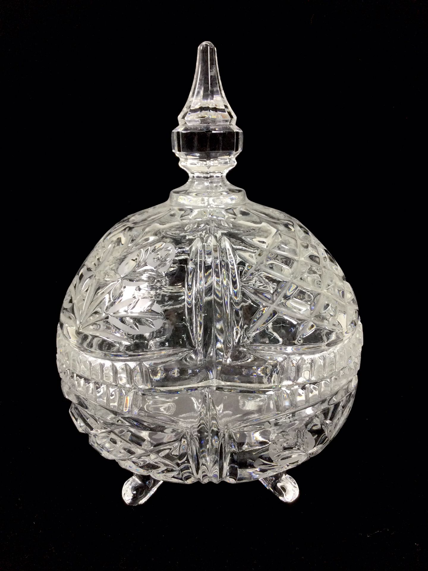 Cut Crystal Floral Design Footed Candy Dish Bowl with Lid