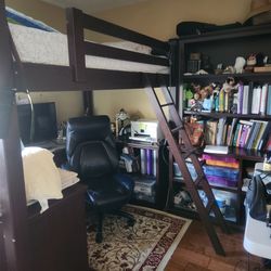 Solid Wood Full XL Loft Bed with Built-in Desk & Bookcase Unit - Espresso