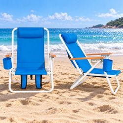 Set of 2 Outdoor Portable High Strength Beach Chair with Adjustable Headrest [NEW]
