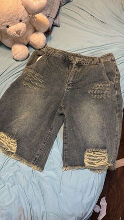 Size (32) [85% Cotton] Washed Ombre Distressed Loose Denim Bermuda Shorts Casual Summer