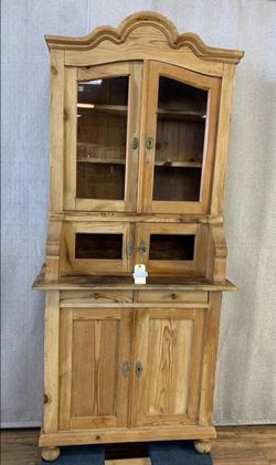 Antique Pine Wood China Cabinet Hutch