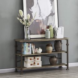 3 Tier Console Sofa Table, Rustic Storage Shelf Living Room, Grey Oak Finish 47-Inch Long