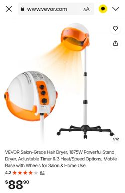 VEVOR Salon-Grade Hair Dryer, 1875W Powerful Stand Dryer, Adjustable Timer & 3 Heat/Speed Options, Mobile Base with Wheels for Salon & Home Use