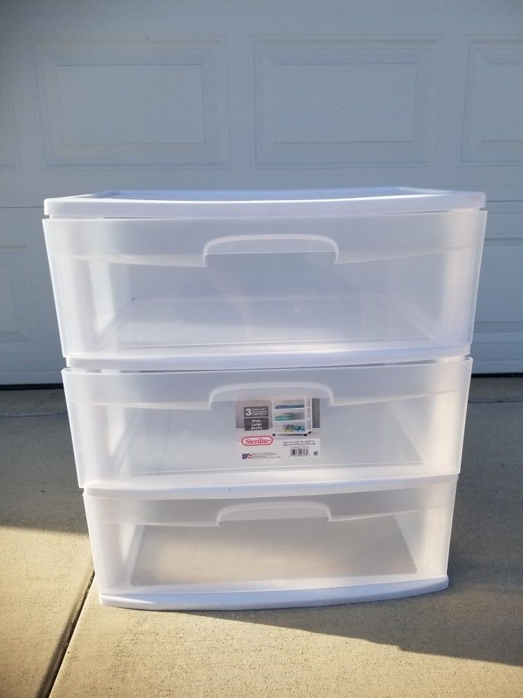 Sterilite Storage Drawer, 3 Drawer Wide Plastic Storage Cart with Clear Pull Out Drawers, White
