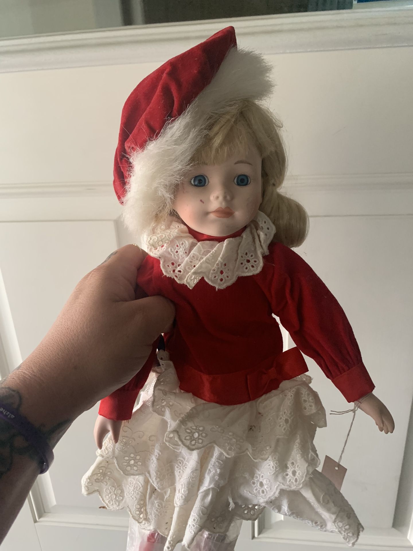 Blonde Porcelain Christmas Blonde Doll With Removable Hat And Cute Blonde Curls!