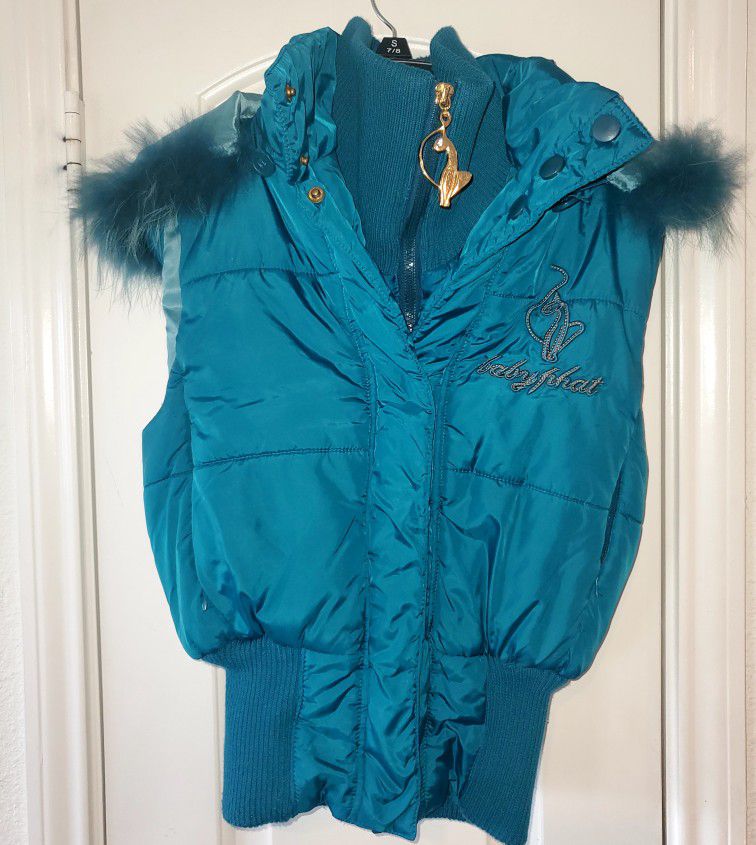 Baby Phat women's size Small 
Vest / jacket green/ turquoise/ fur hood 