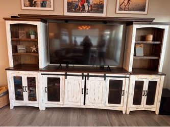 White Sturdy Solid Wood Farmhouse Entertainment Center