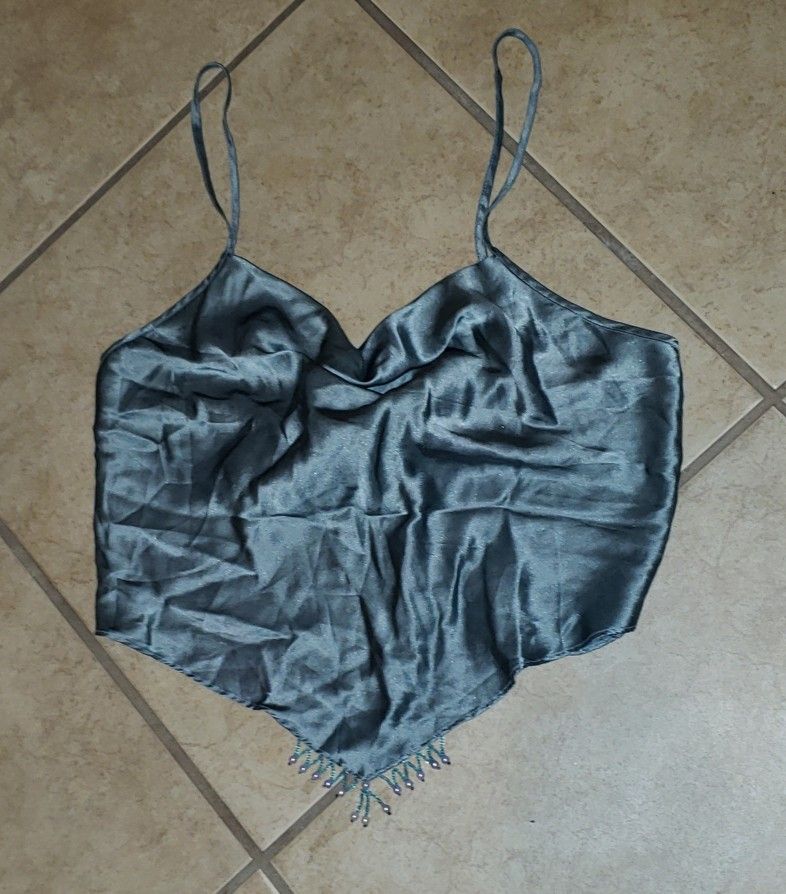 VICTORIA'S SECRET ADJUSTABLE GREY  SILVER SATIN SILK BEADED BACKLESS HALTER CAMI TOP ONE SIZE FITS MOST