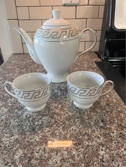 3 Pieces Vintage Timeless Greek Key Alpine Cuisine Fine Porcelain Germany Teapot + 2 Cups