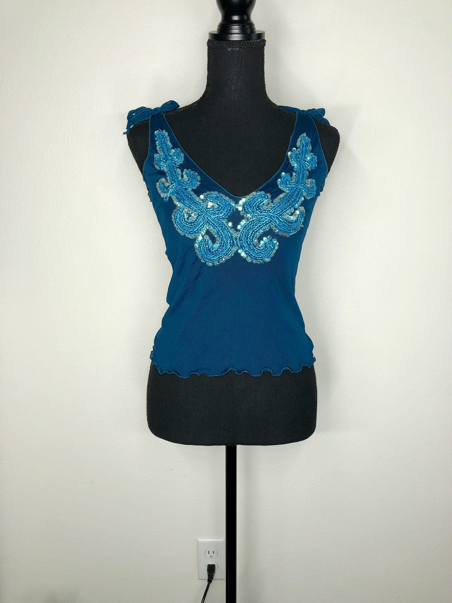 Marciano Teal Blue Cropped Sheer Mesh Tank Top with  Beading and Sequins