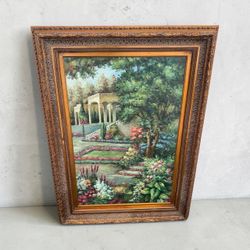 Large Vintage Golden Ornate Framed Original Impressionistic Garden Painting by Gendreau Frame size 46x34.25in Painting size 24x36in