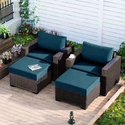 Outdoor Wicker Patio Chair with Ottoman for Porch Balcony Deck Backyard, Red Brown Rattan Sofa Chair Waterproof Removable 2 PCS Peacock Blue