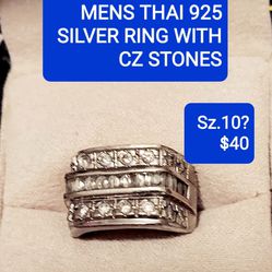 Mens THAI .925 Ring With Diamond Like Stones Size 10 ..heavy Nice