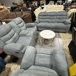 Grey 3Pcs Living Room Recliner Set / Juego de 3 piezas reclinable gris para la sala de establish