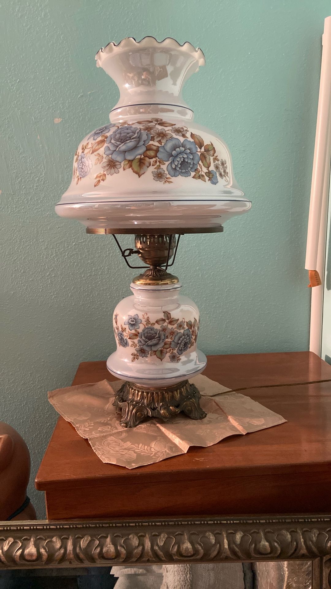 Vintage “Gone With The Wind “Floral Blue Hurricane Lamp 