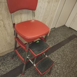 Vintage Red Cosco Chrome Kitchen Step Stool Farm Chair Plant Stand Vinyl WOW 