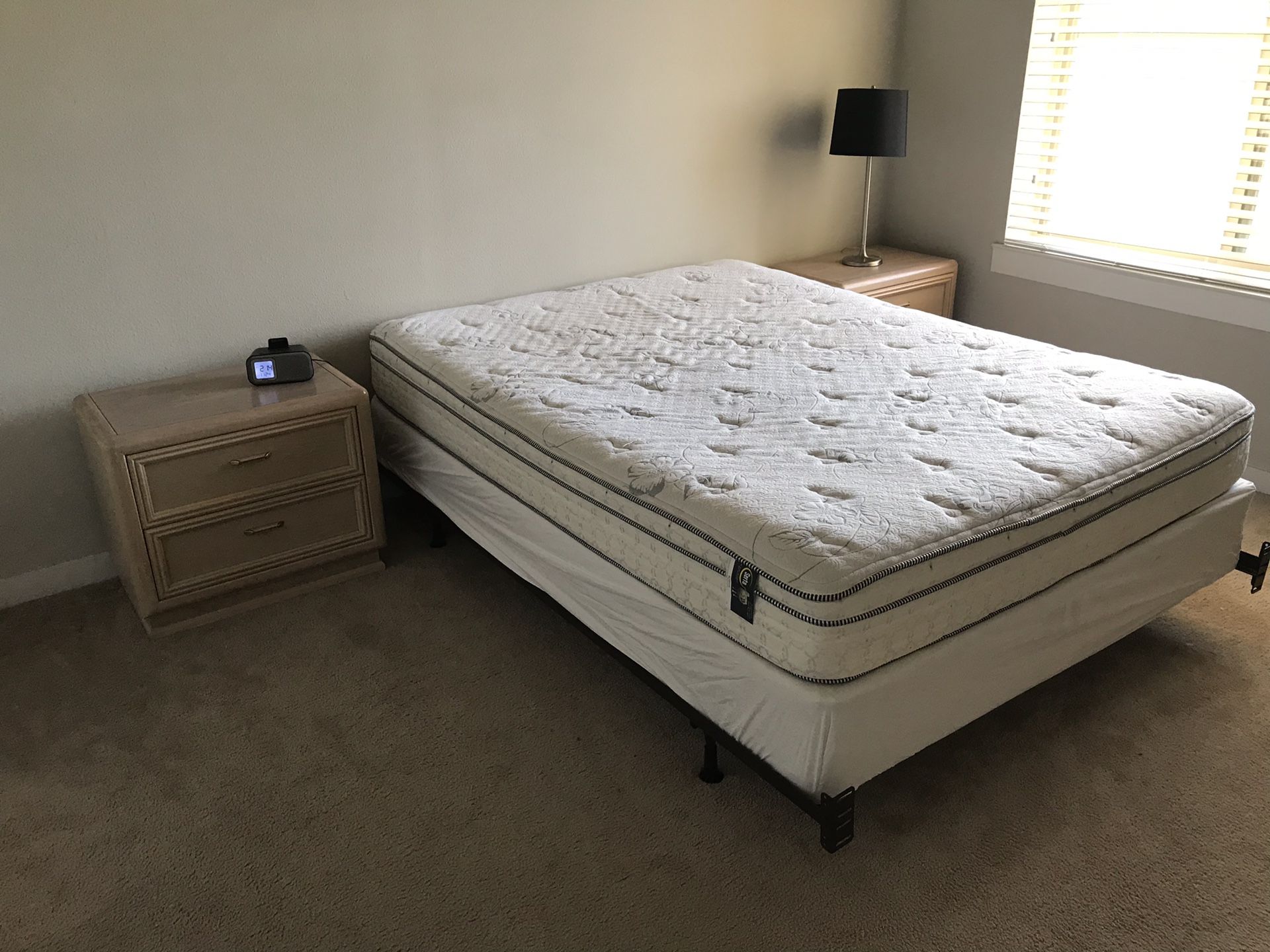 Mattress, box spring and night stands. Sofa tables and rug