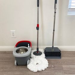 (New in box) $35 (Combo Set) Broom Dustpan & Spin Mop Wheels Extended Handle with 2pc Microfiber Mop Heads
