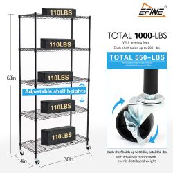 EFINE 5-Shelf Shelving Units and Storage on Wheels,  Adjustable Steel Wire Shelving Unit Rack (63H X 30W X 14D) Black, S200-5W