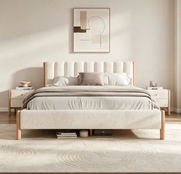 Queen Size Upholstered Bed Frame With Wood Legs
