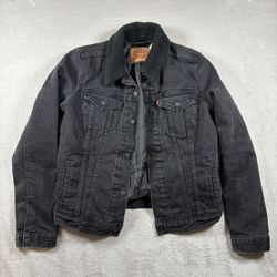 Levis Trucker Jacket Sherpa Womens M Black Denim Jean Type III Pockets #1299