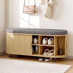 ONBRILL 43" Shoe Bench with Storage, Fluted Shoe Storage Bench, Oak