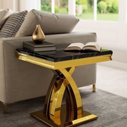 Gold End Table, Rich Gold Square Side Table with Mirrored Double X-Base, Luxury Living Room End Table,Black and Gold 