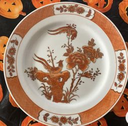 Vintage Decorative Asian Plate with Birds & Garden Motif Orange and White Colors