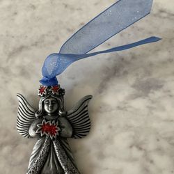 Vintage Poinsettia Pewter Angel By Gloria D