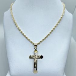 14k Solid Gold Rope Chain and Crusifix Cross, pendant Gold Necklance