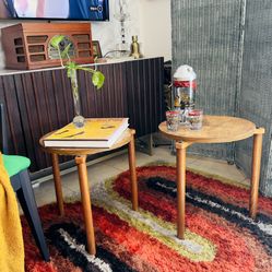 1970s Set of Two With Screw on Maple Peg Legs and a Faux Bois Laminate Top Formica