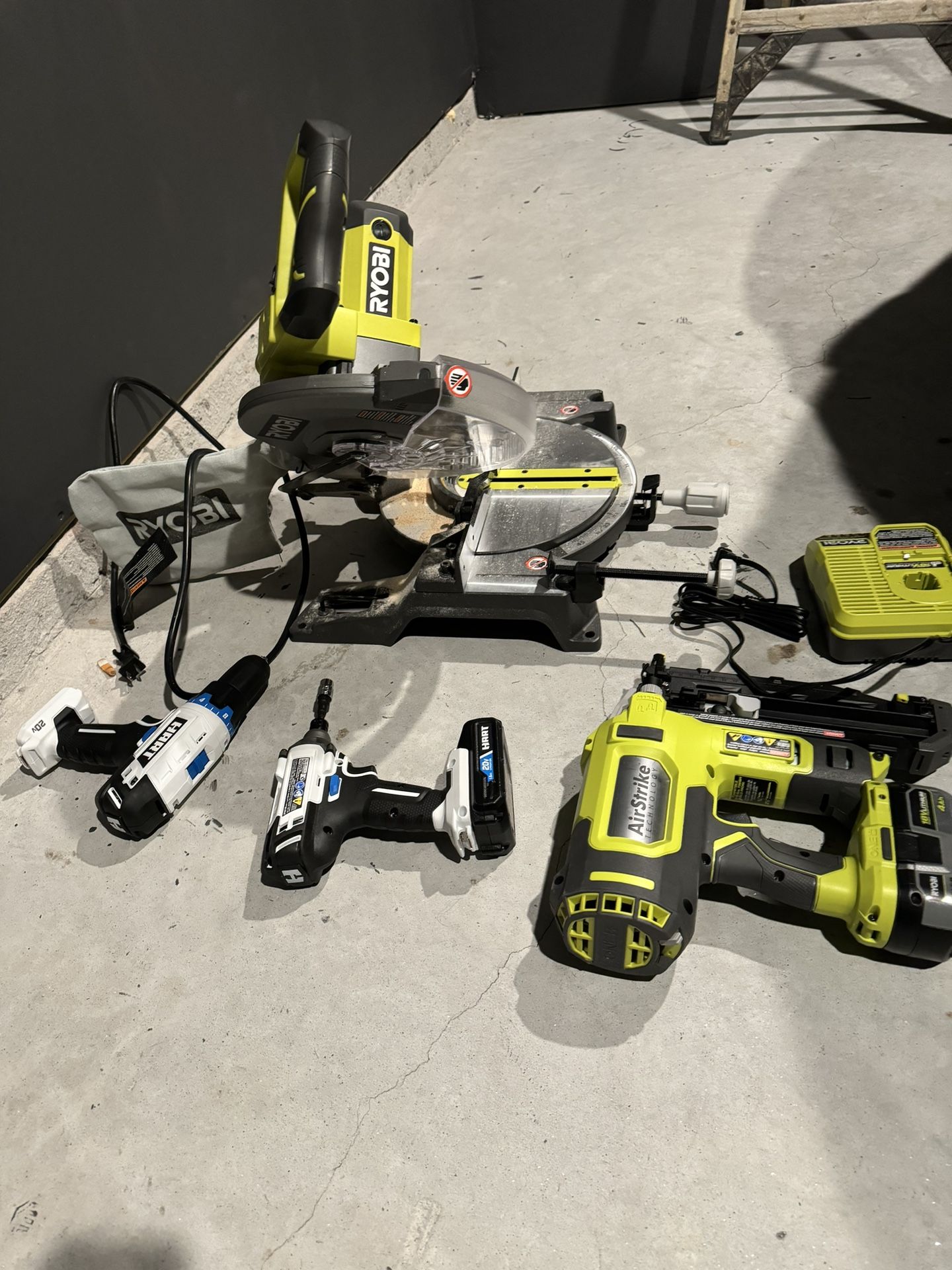 Brand New Ryobi Nail Gun ( Battery) Brand New Ryobi Miter Saw; Hart Drill & Impact (battery)