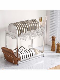 Dish Drying Rack, Double Layered countertop Kitchen Organizer with Drainage Large Bowl Rack and Storage Rack with Drainage Board (Silver Upgraded Vers