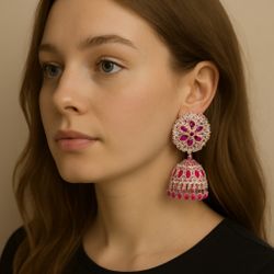 “Add a touch of tradition and sparkle to your style with our dazzling pink jhumka earrings – where elegance meets vibrant charm.”
