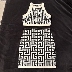 Balmain Women’s Black/White 2-piece Monogram Knitted Crop Top & High Waist Skirt, both size 38 (6 US)