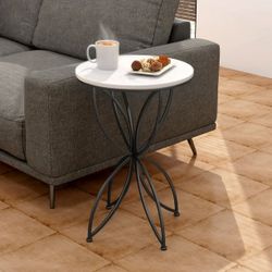 Abble H 24 in. x Dia. 15.7 in. White Quartz Stone Table Top Accent Table with Black Metal Base