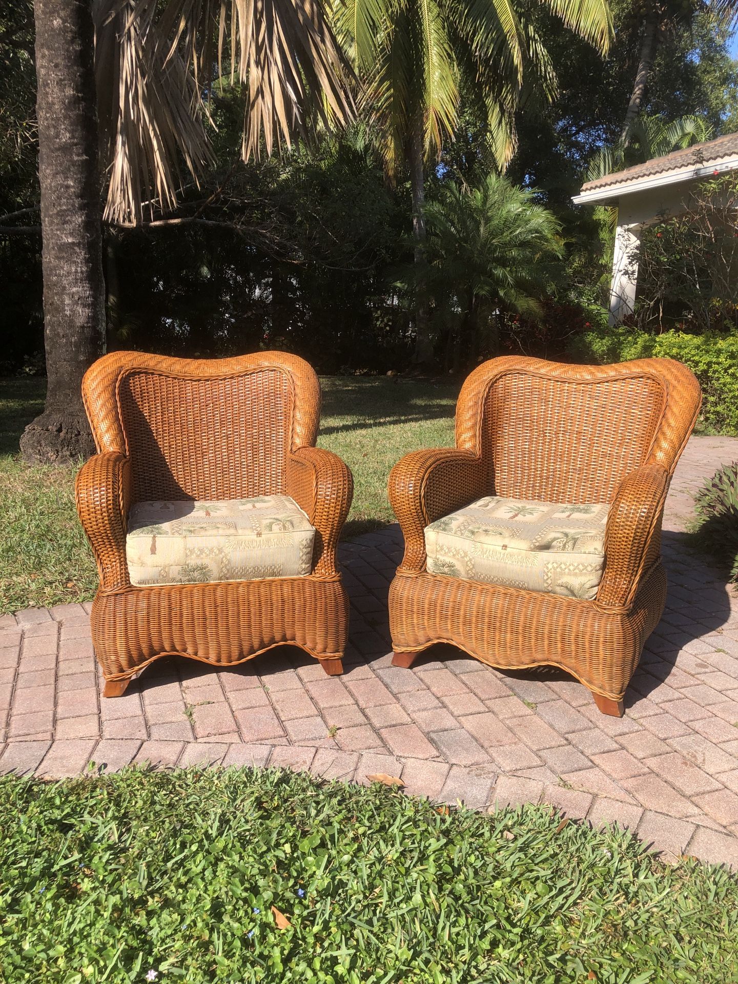 Pair - Vintage Rattan Wicker Bahamian Easy Chairs / Armchairs