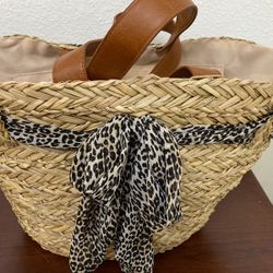 Leopard Bow Natural Straw Tote