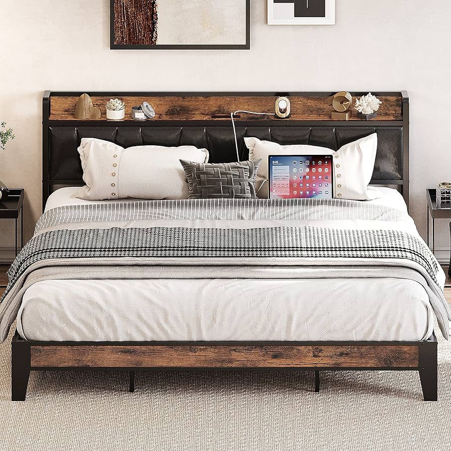 King Size Bed Frame, Storage Headboard with Charging Station, Solid and Stable, Noise Free, No Box Spring Needed, Easy Assembly (Vintage and Black)