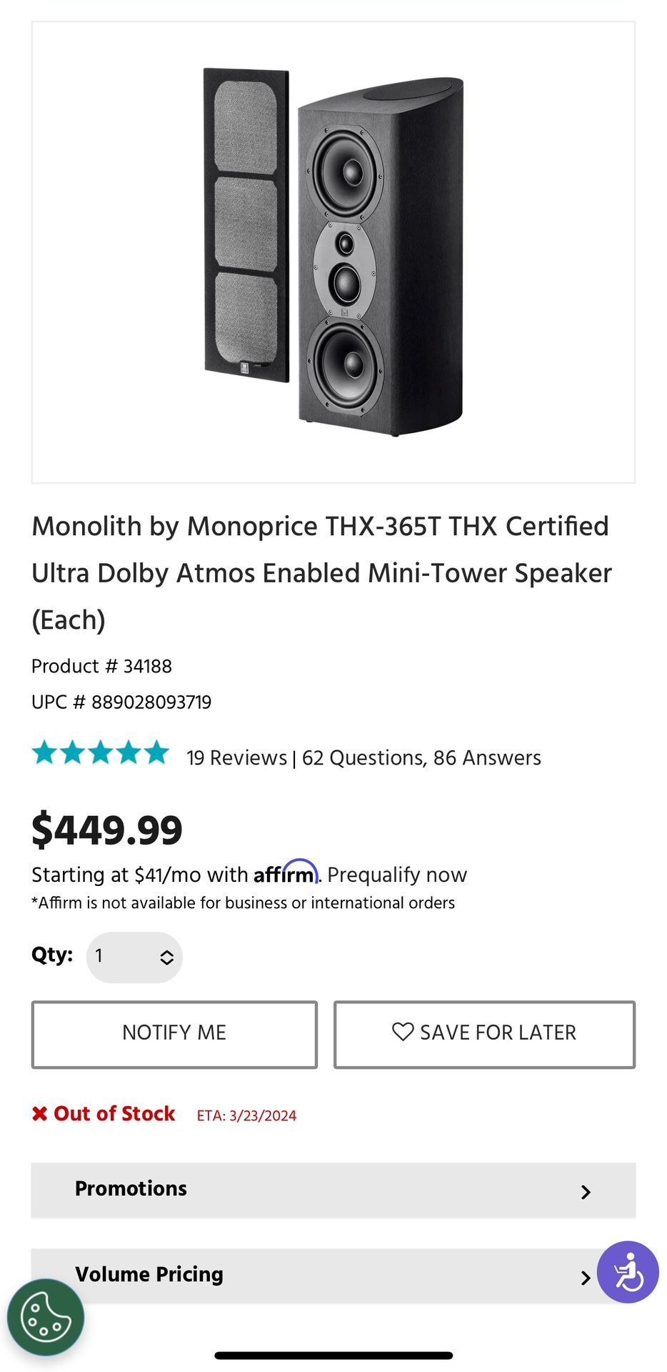 Monolith by Monoprice THX-365T THX Certified Ultra Dolby Atmos Enabled Mini-Tower Speaker