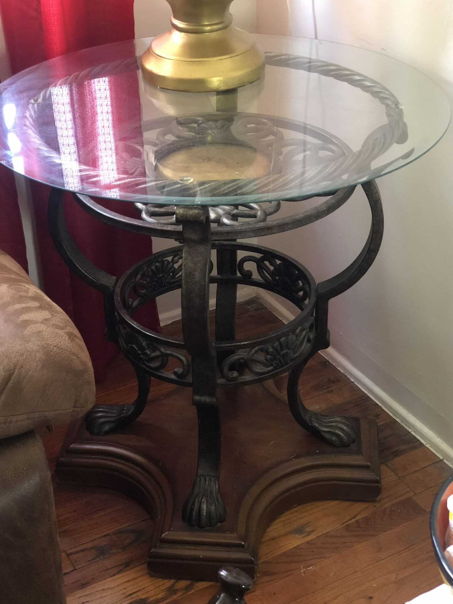 Coffee table, loveseat, and sofa recliner