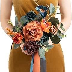 Bridal Bouquet, Orange and Teal, Artificial, 7 IN, Wedding Flowers