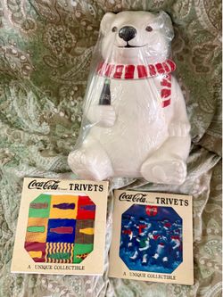Vintage Coca Cola cookie jar and trivets