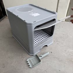 NEW Enter From Front Exit Top Cat Litter Self Closing Box With Slide Out Tray And Scooper 