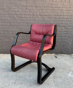 Vintage Mid Century Modern Esko Pajamies Red Leather & Black Bentwood Armchair Lounge Chair
