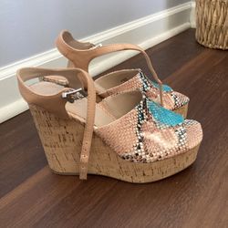 Sweet Charles David designer 5” chunky cork open toe sandals heels shoe size 7 turquoise tan Obo