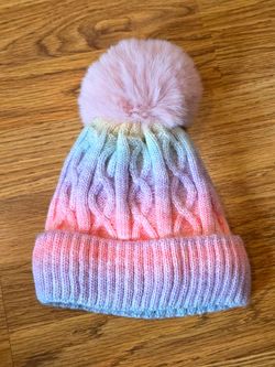 Pastel Rainbow Knitted Beanie with Pom-Pom