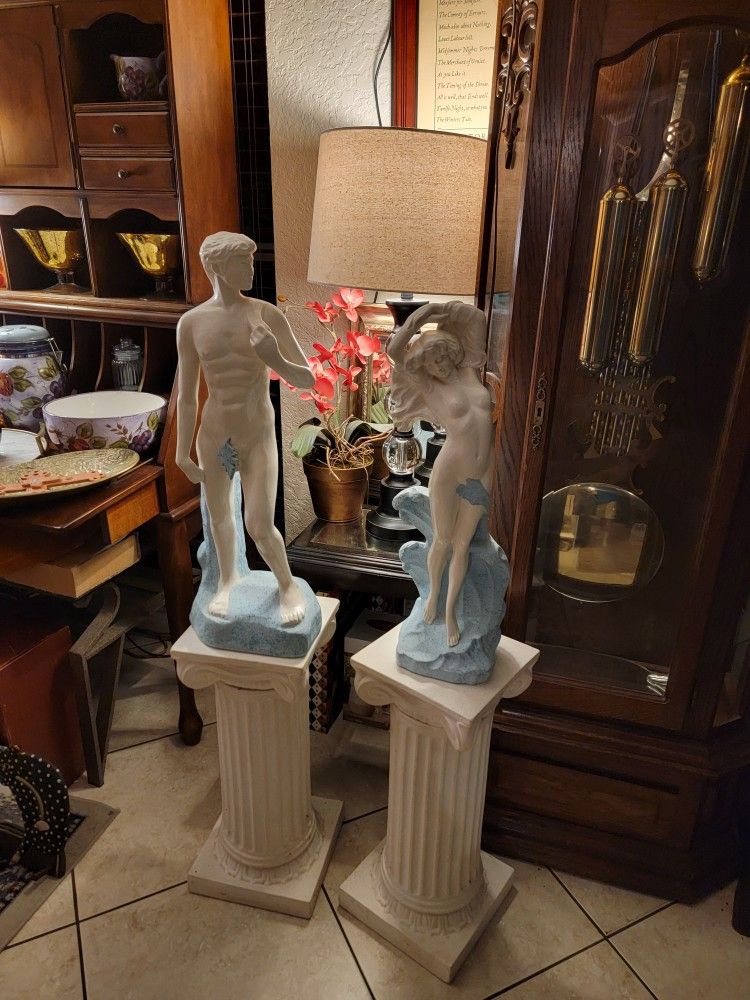 David and Venus statues on pedestal $100for pair now $80