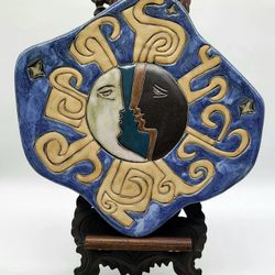 Vtg Mara Stoneware Celestial Sun Stars Face Hand Painted Plate Platter Mexico